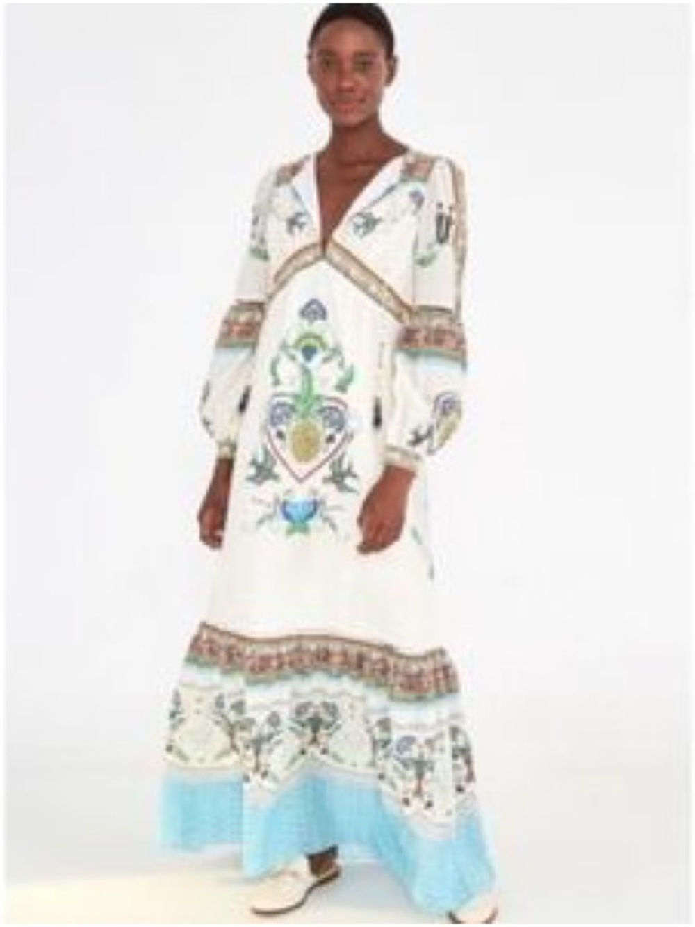 Farm Rio Boho Floral Embroidered Maxi Dress in Ivory and Teal - Picture 10 of 12